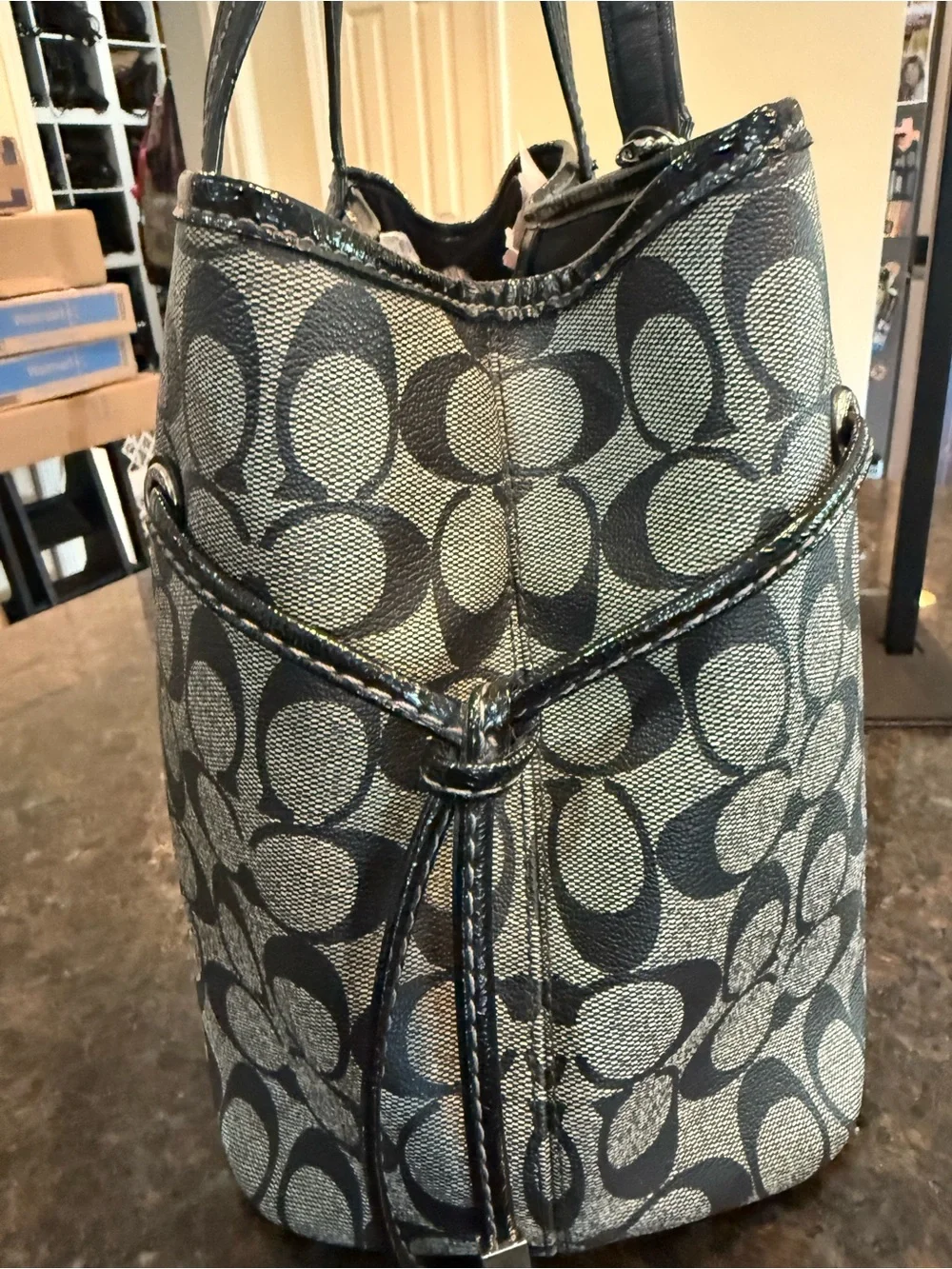 Coach Gray and Black Signature Stripe Tote